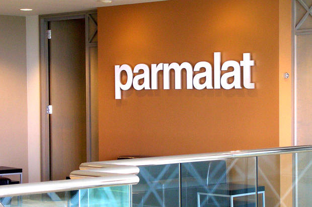 Parmalat 3D white dimensional acrylic lettering signage raised off wall on risers