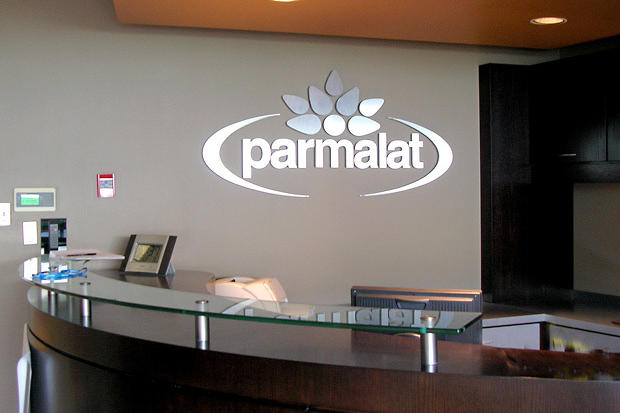 Parmalat 3D raised brushed metal letter and logo sign for office lobby reception area