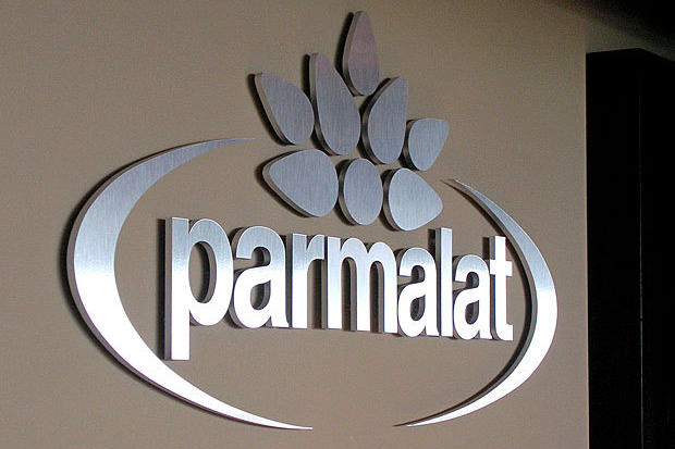 Parmalat brushed metal 3D office lobby signage, installed on wall in reception area