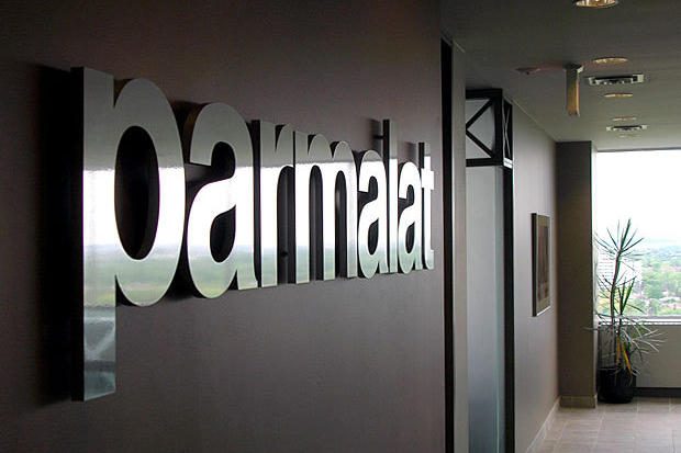 Parmalat 3D metal lobby signage letters mounted on office reception area wall