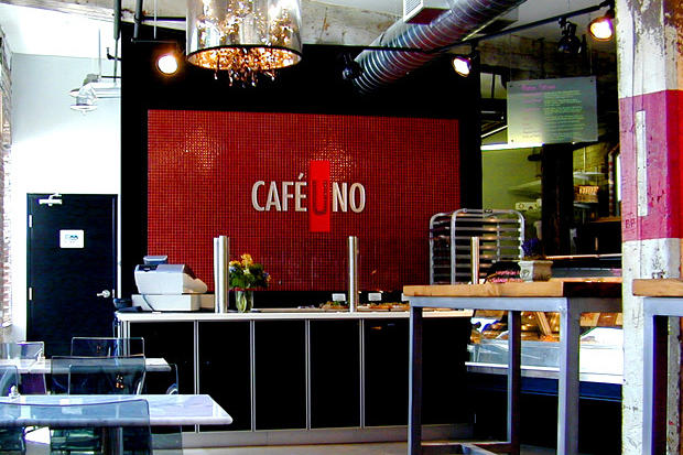 Cafe retail store cash register signage made with individual acrylic sign letters flush mounted to the wall