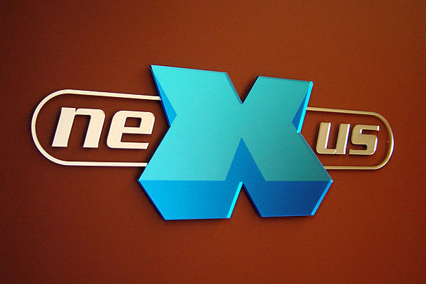 Modern 3D acrylic office lobby logo sign on business reception area wall