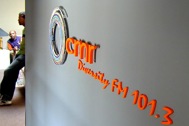 Lobby signs with custom laser cut painted acrylic letters - Tamil Vision Int. - Art Sign Company