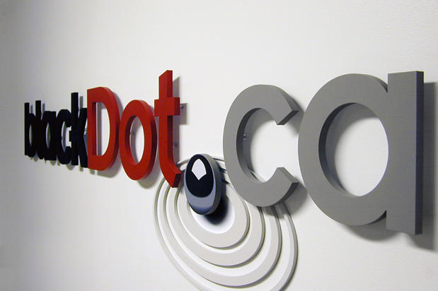 Custom dimensional laser cut lobby signage for blackdot.ca by Art Signs Company