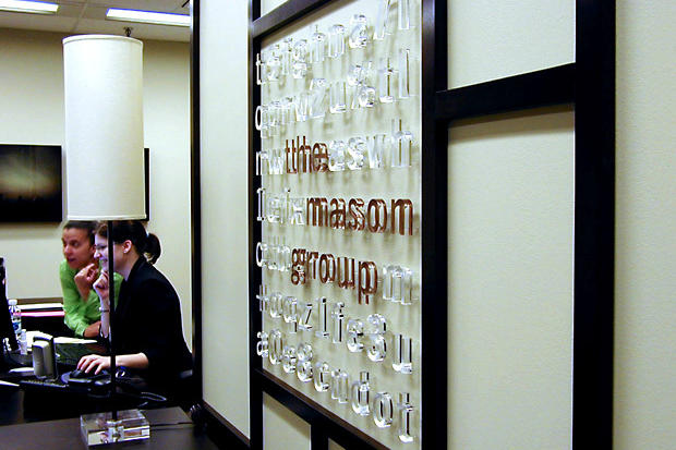 Corporate office lobby sign with raised laser cut acrylic letters with metal effect - Art Signs Company