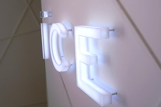 Led Illuminated decorative 3d office lobby signage for ICE condominium sales center show room by Art Signs Company