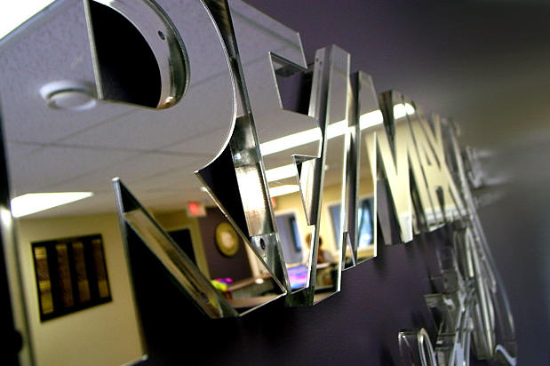 Mirror 3d sign corporate office reception lobby signage in Remax business waiting room area by Art Signs company