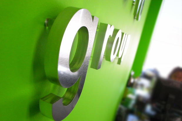 wall office sign made of brushed metal substitute finish faces and painted edges