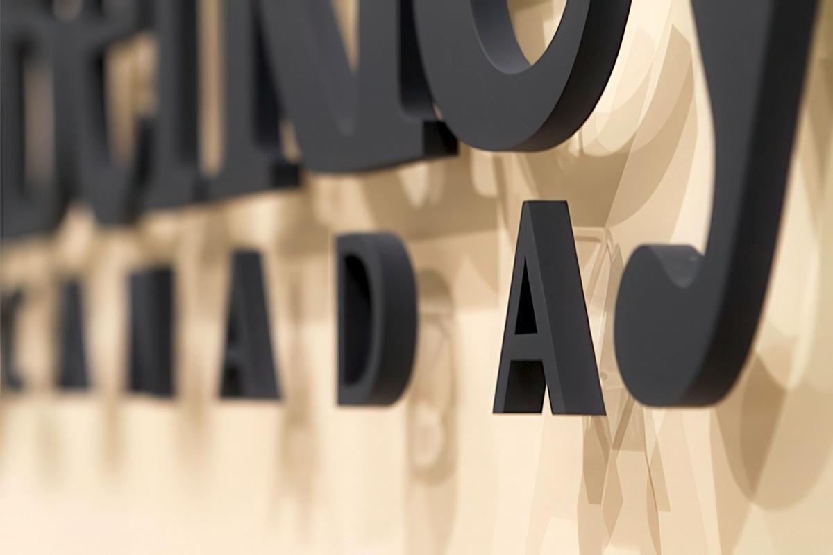 Custom 3D acrylic office signage with custom-matched dark grey painted letters installed in a corporate hallway, delivering a polished professional first impression.