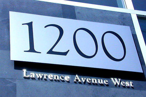 Exterior custom aluminum metal address sign with individual laser cut acrylic metal dimensional lettering