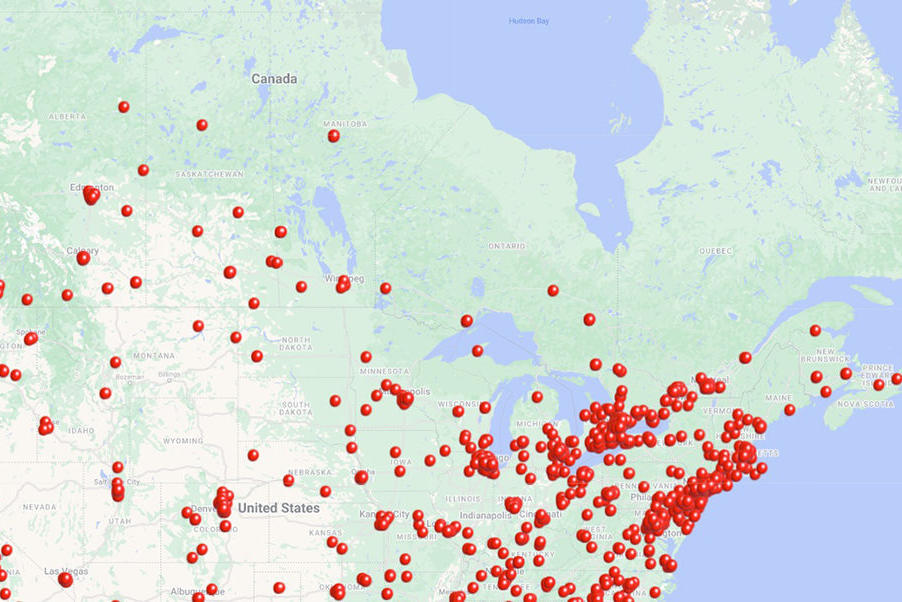 Map displaying ArtSigns’ Canadian clients across the country, highlighting major cities and regions serviced with high-quality, locally-made signage.