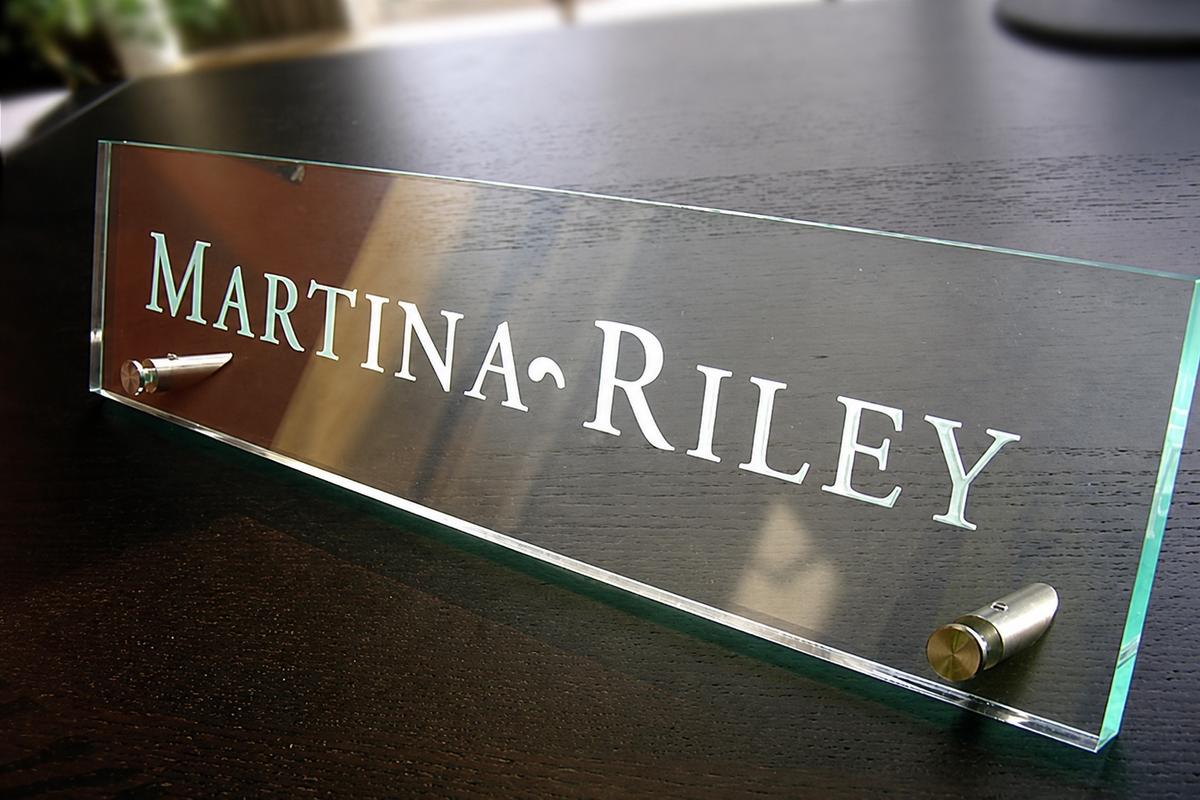 Martina Riley engraved green-edge acrylic desktop nameplate with steel brackets