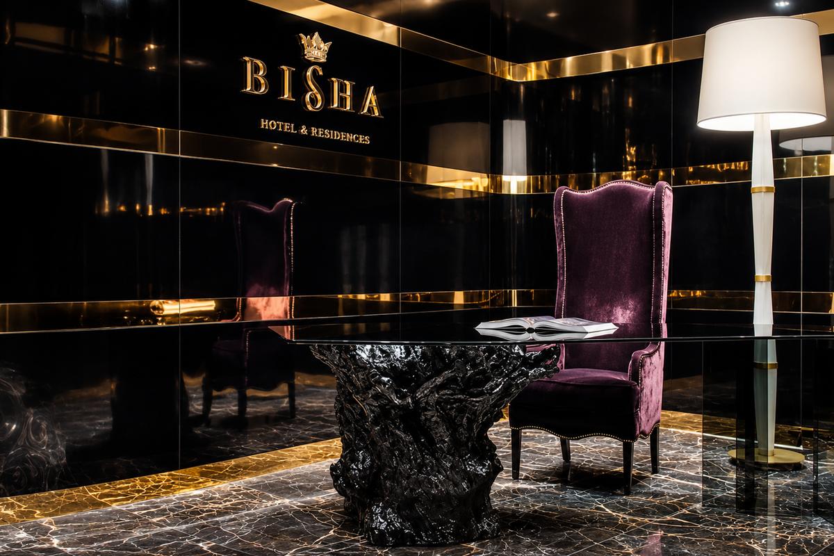 Wide view of Bisha gold logo wall sign with purple chair and black marble interior