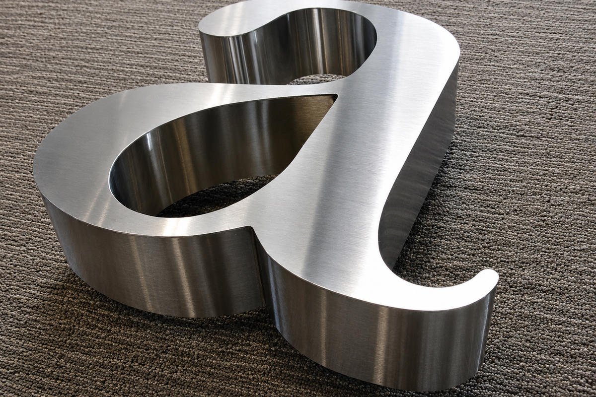 Hand-crafted brushed stainless steel lowercase letter "a" with 3-inch deep formed returns, shown before installation