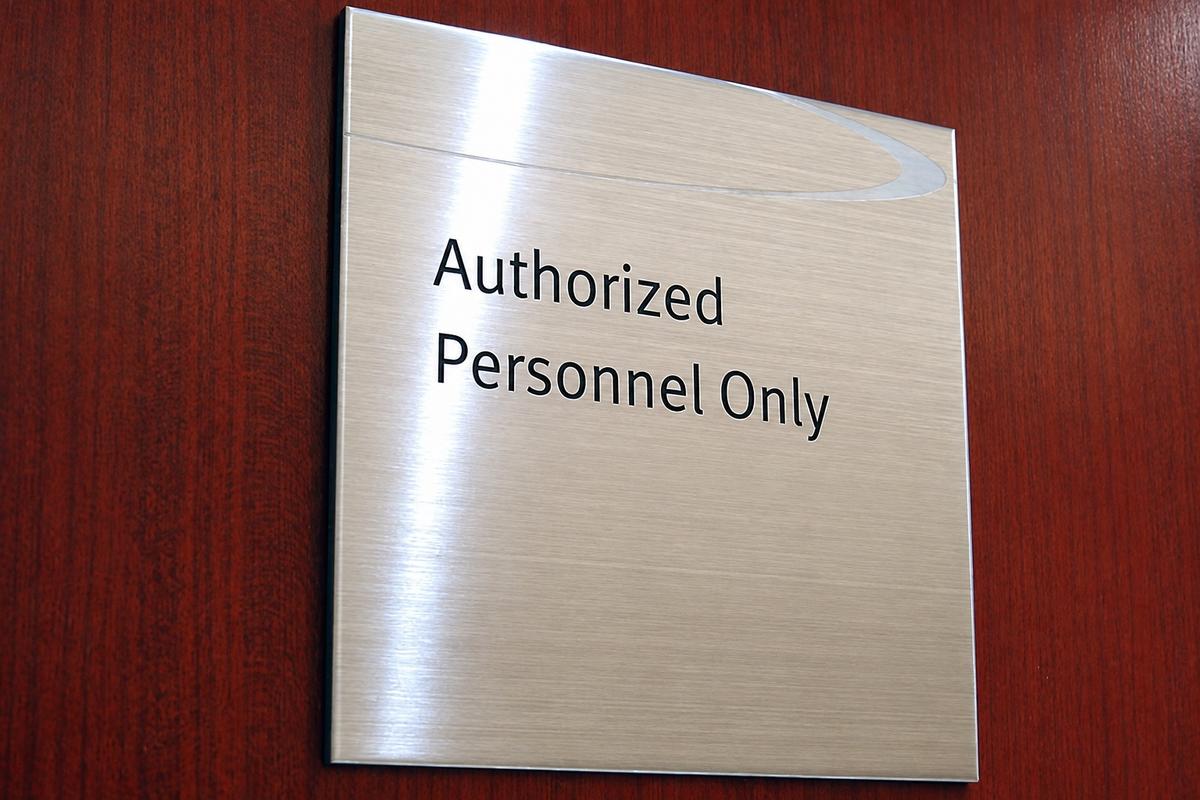 Brushed stainless steel Authorized Personnel Only plaque on a wood door