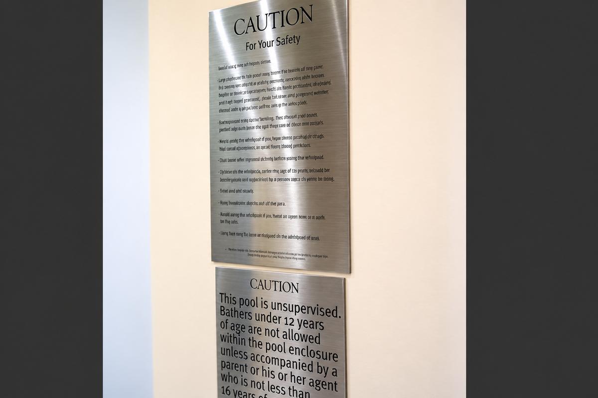 Etched stainless steel pool safety plaques mounted on an interior wall