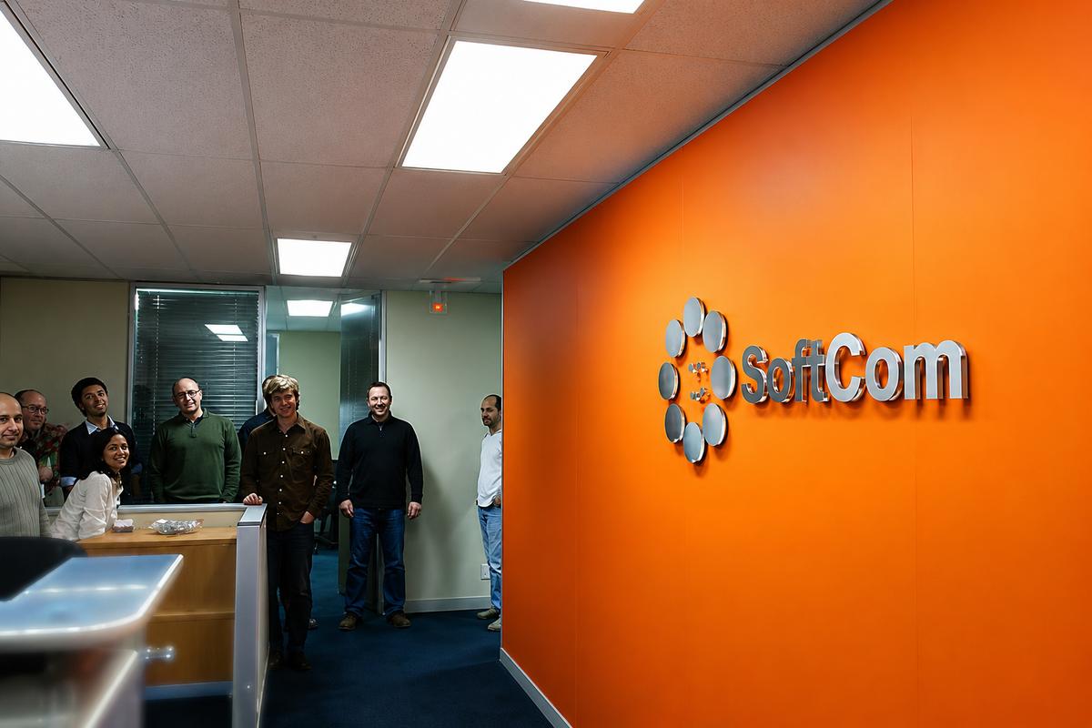 office reception sign on orange wall with team members in the office environment