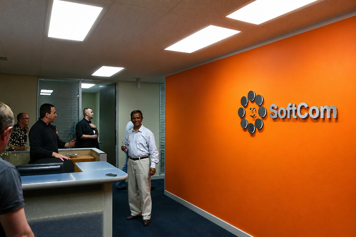 Wide view of SoftCom custom office sign on orange feature wall with team and reception area