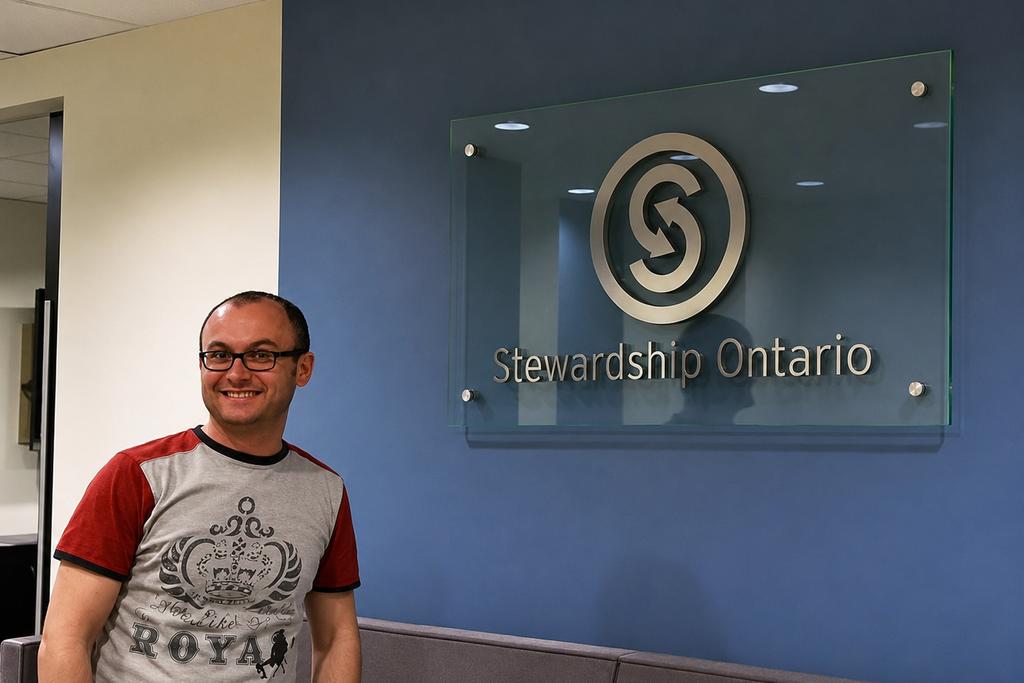 Installed Stewardship Ontario corporate wall sign on blue office wall with a person nearby for size reference