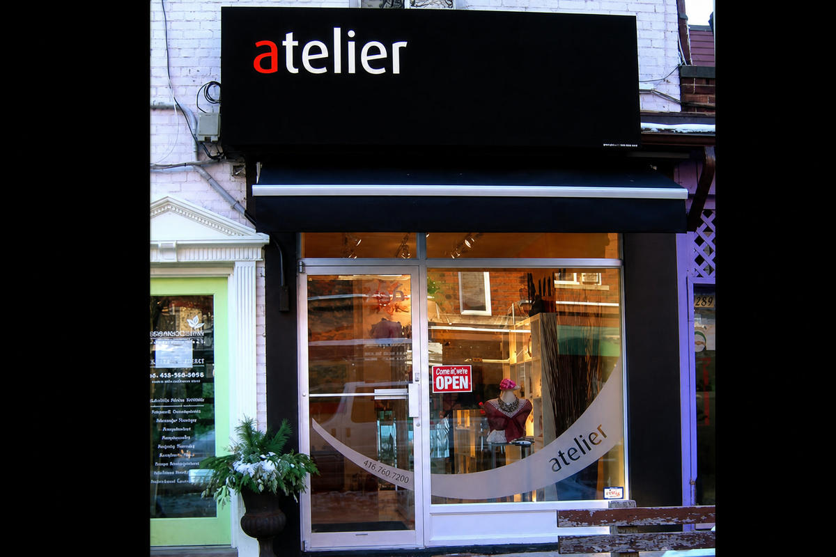 Atelier storefront with dimensional acrylic letters on a black outdoor sign panel