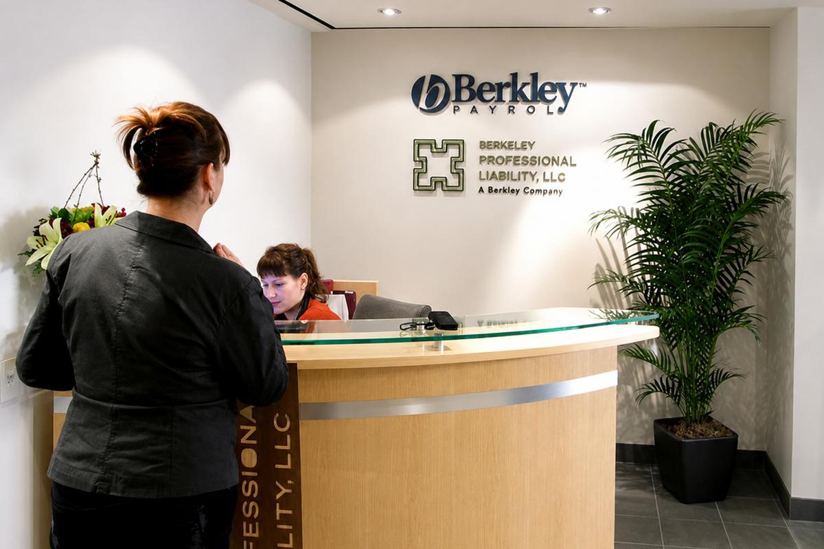 Wide view of the Berkley Canada reception area with two dimensional acrylic corporate signs