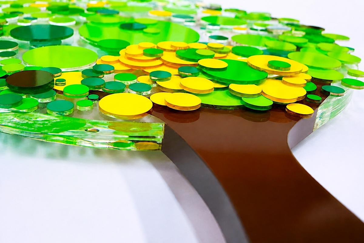 Close-up of green and yellow multilayer acrylic circles forming the tree canopy