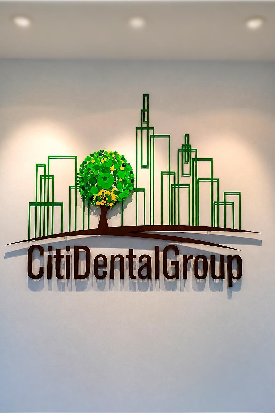 Citi Dental Group dimensional acrylic wall sign with green cityscape and layered tree