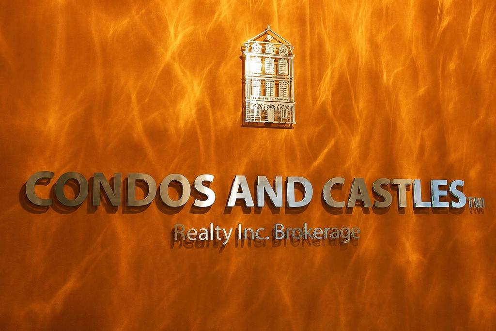 Condos and Castles brushed aluminum and acrylic reception wall sign, front view