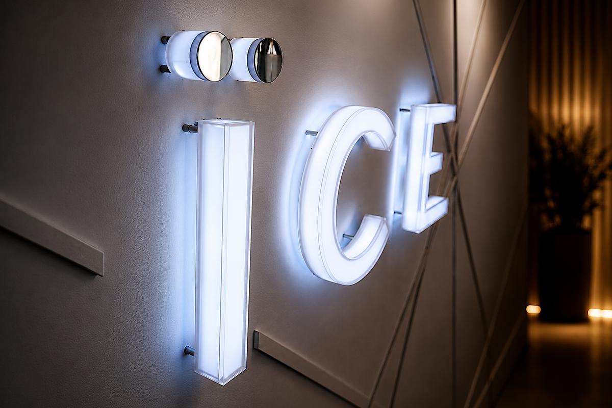 Internally LED-illuminated ICE Condominiums logo with glowing faces and returns, made from 2-inch-deep thermoformed Sign White acrylic.