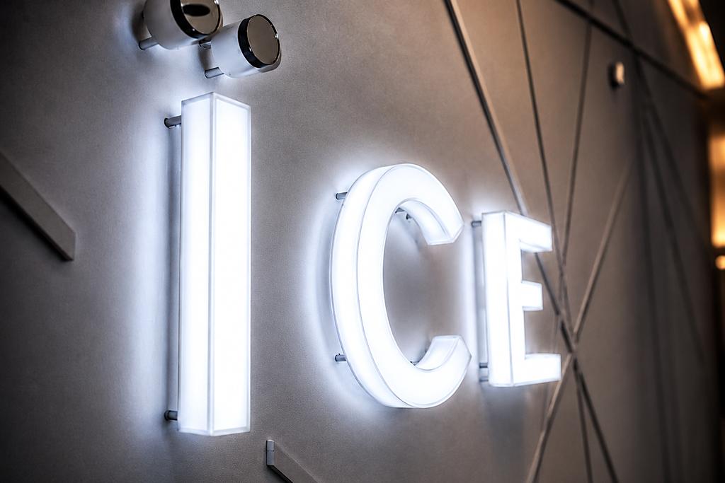 Custom ICE Condominiums sales centre sign in Toronto with internally LED-illuminated, 2-inch-deep Sign White acrylic letters featuring glowing faces and returns.
