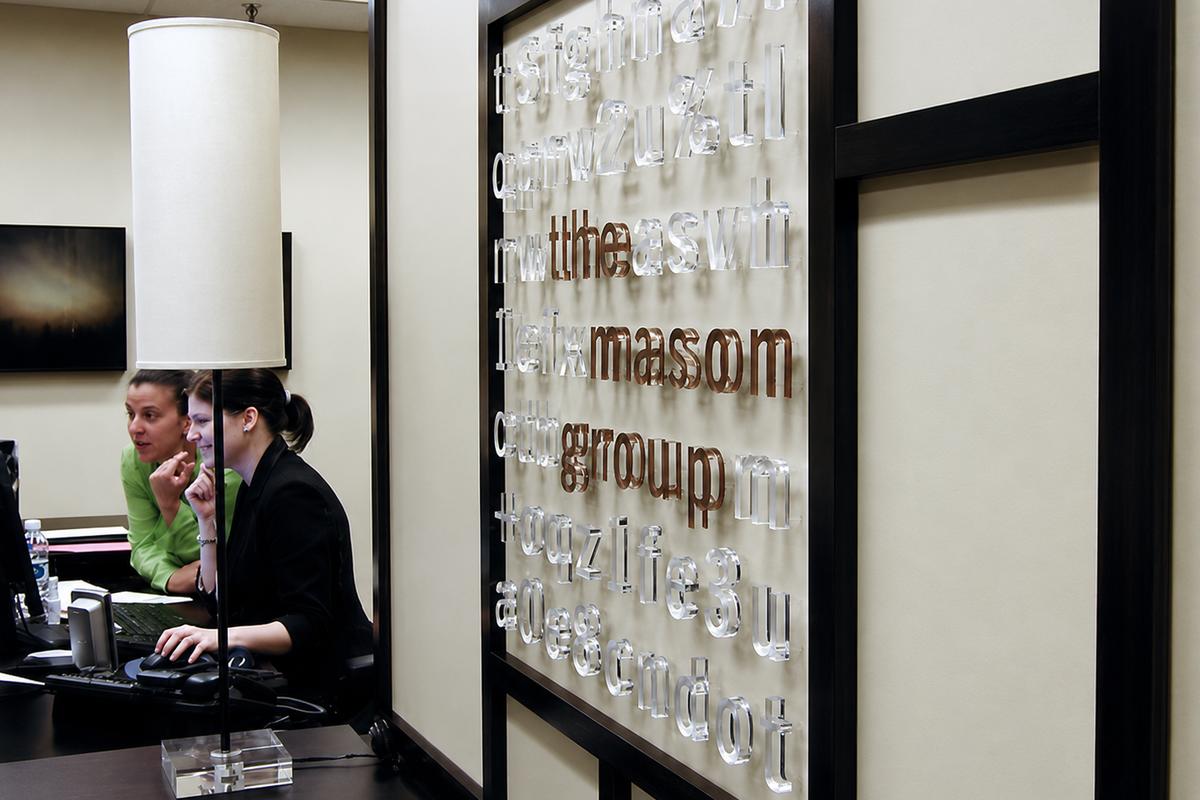Corporate office lobby sign with raised laser cut acrylic letters with metal effect - Art Signs Company