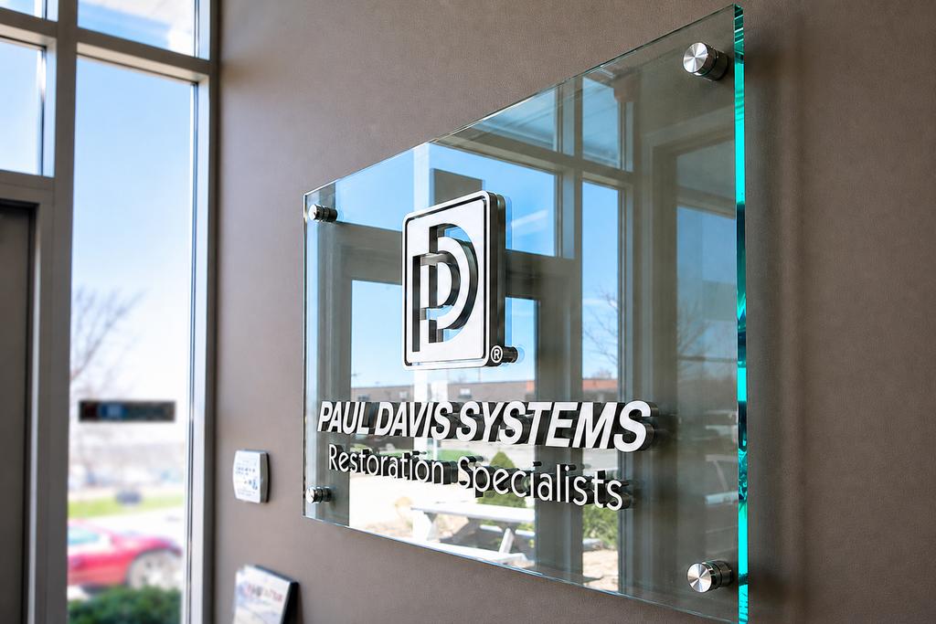 Green-edge acrylic Paul Davis office sign with brushed nickel logo and four standoffs