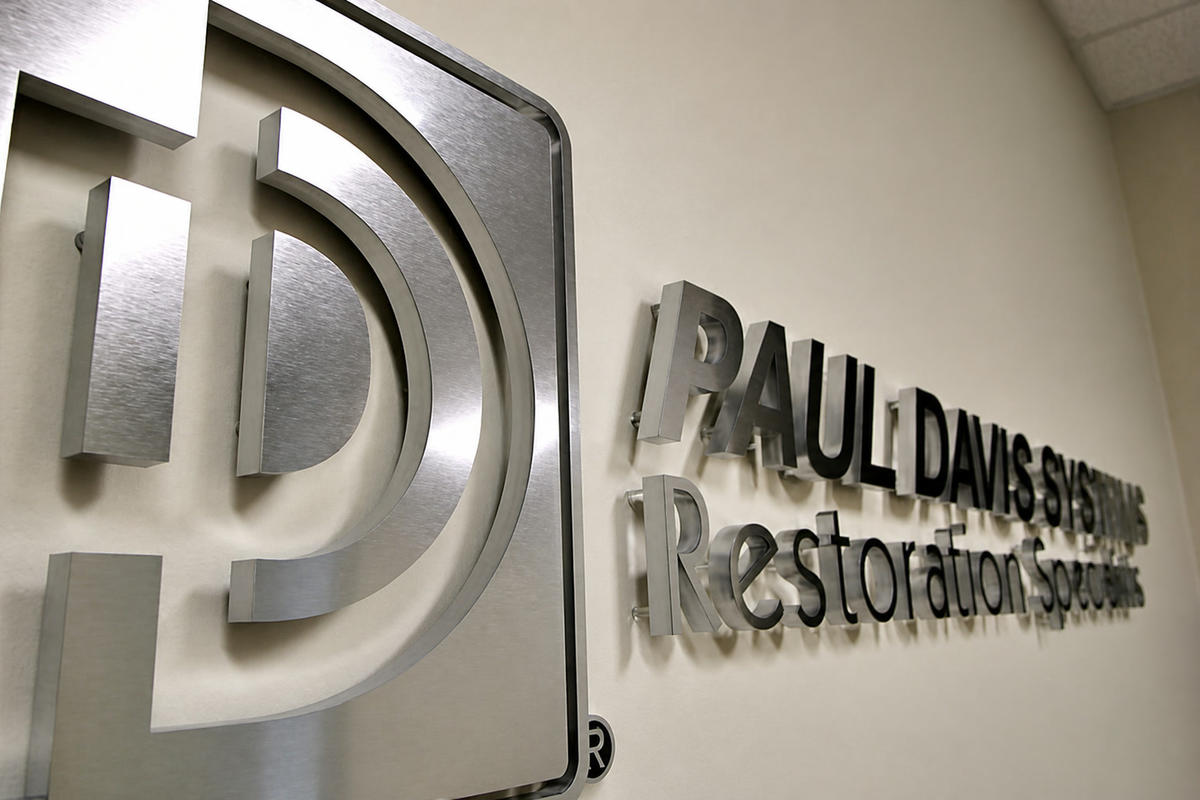 Close angled detail of Paul Davis brushed nickel dimensional logo and wall letters