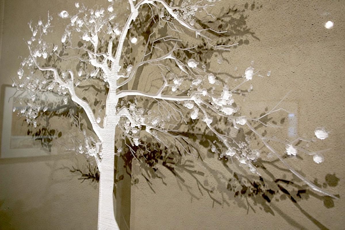 Close-up of deep laser-engraved tree artwork and cast shadows on clear acrylic